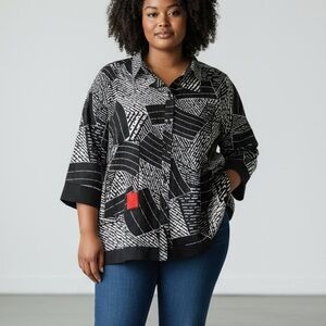 Ali Miles Color Block Artsy Button Down 3/4 Sleeve Tunic Size XL Vibrant Modern